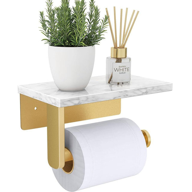 Brushed Gold Toilet Paper Holder with Natural Marble Shelf, 304 Stainless Steel Screw Wall Mounted, Tissue Roll Paper Holder Dispenser for Bathroom Washroom