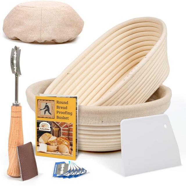 Bread Banneton Proofing Basket Set of 2 - 10 Inch Oval, and 9 Inch Round + Premium Bread Lame and Slashing Scraper, the ideal Baking Bowl for Sourdough and Yeast Bread Dough