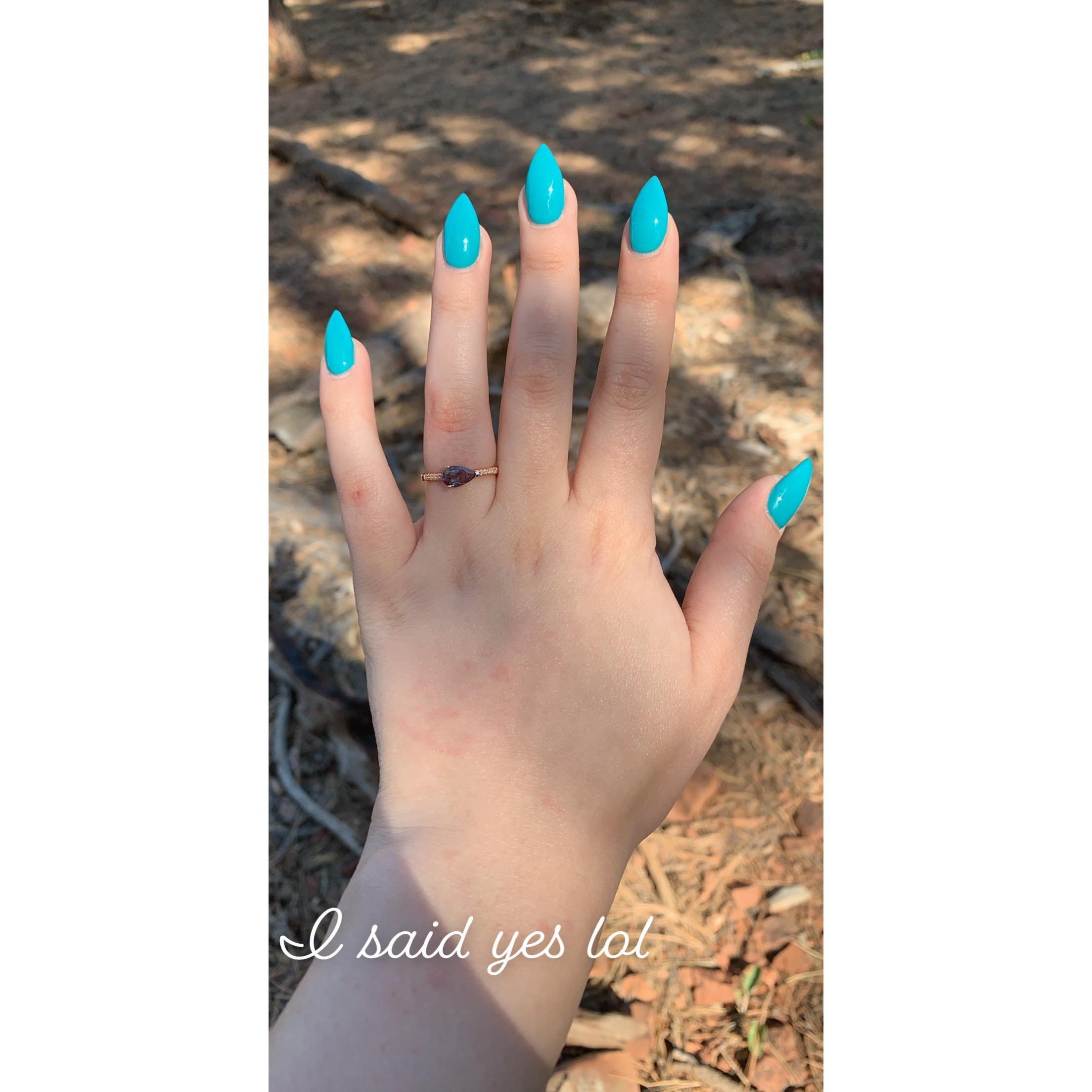 This was the 1st photo taken after the proposal. Peter gave Alex a rose gold band with diamonds and a pear shaped Alexandrite as the main stone!