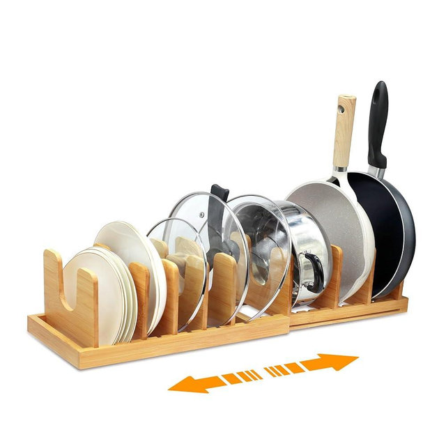 MinBoo Bamboo Expandable Pot Lid Organizer, Pot and Pan Organizer Drawer Organizer for Pot Lids, Adjustable 10 U-Shaped Dividers for Kitchen Cabinet Organizers and Storage (Bamboo-1)