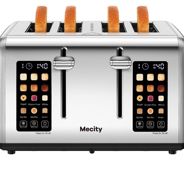 Mecity 4 Slice Toaster with Touch Screen Control, 4 Wide Slots, Stainless Steel Smart Bread Toaster for Bagels, Muffins, Waffles, Dual Control Panel, Timer, Defrost, Reheat, 120V 1650W