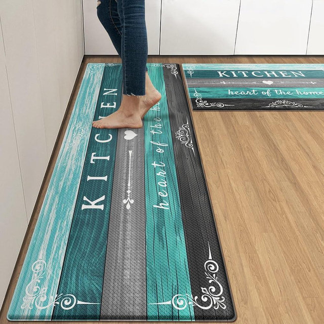 Arttown Teal Farmhouse Anti-Fatigue Kitchen Rug Set of 2 Grey Black Green Wood Vintage Cushioned Floor Standing Mat Waterproof Non-Slip Kitchen Mat and PVC Ergonomic Comfort Foam Rug