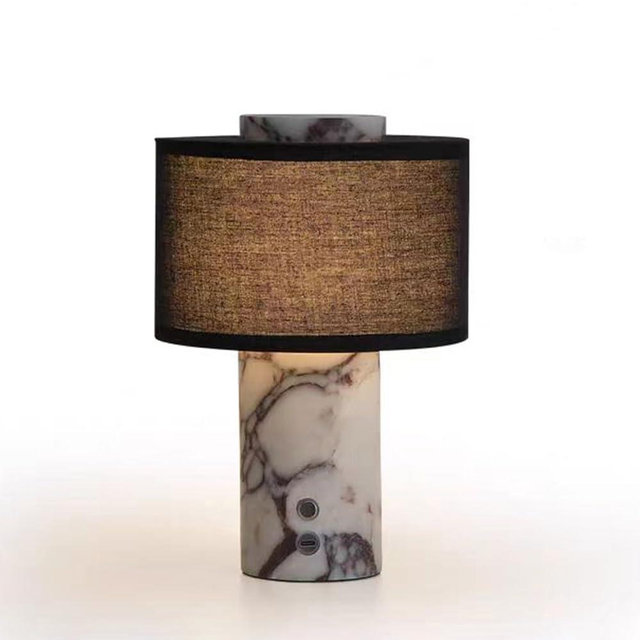 Ytyhmz Marble Luxury Stone Rechargeable Touch Table Lamp, Cylindrical Shape, Linen Cloth Fiber Lampshade, High-End and Light Luxury, Bedroom Bedside Table Night Light（Black, White）