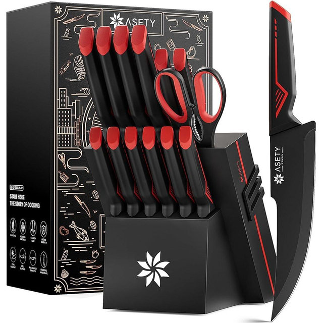 Knife Set - 15 PCS Kitchen Knife Set with Built-in Knife Sharpener Block - Stainless Steel Knife Block Set - Dishwasher Safe, Elegant Box for Men Women, Red