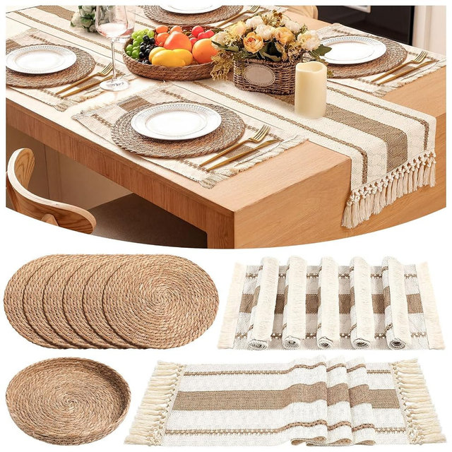 Gandeer Boho Placemats 4/6/8 Set of Round Woven Placemat Macrame Style Bicolor Stitching Long Table Runner Farmhouse Rustic Natural Burlap Cotton for Kitchen Dining Table(6 Sets,Khaki A,12x72)