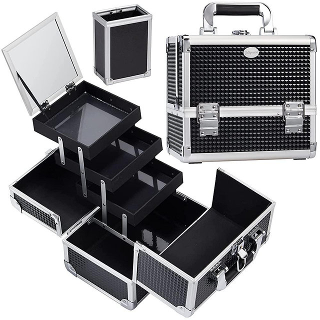Joligrace Makeup Box Train Case Large Storage Capacity Portable Travel Cosmetic Organizer with Compartments and 2-Tier Trays with Mirror, Lockable with Keys - Black Pattern
