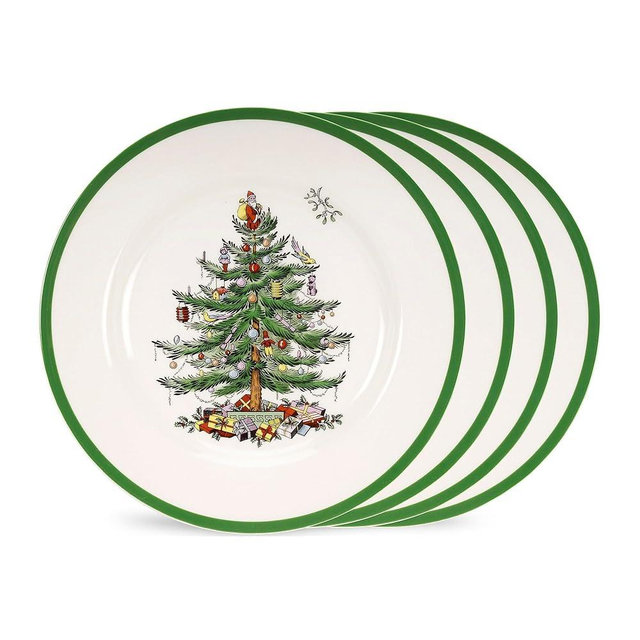 Spode Christmas Tree 7.25" Salad Plates Set of 4 | Stoneware - Dishwasher, Microwave, Freezer Safe | Holiday Dinnerware Décor - Gifting Ideas, Gathering Serveware - Appetizer Dessert Dishes