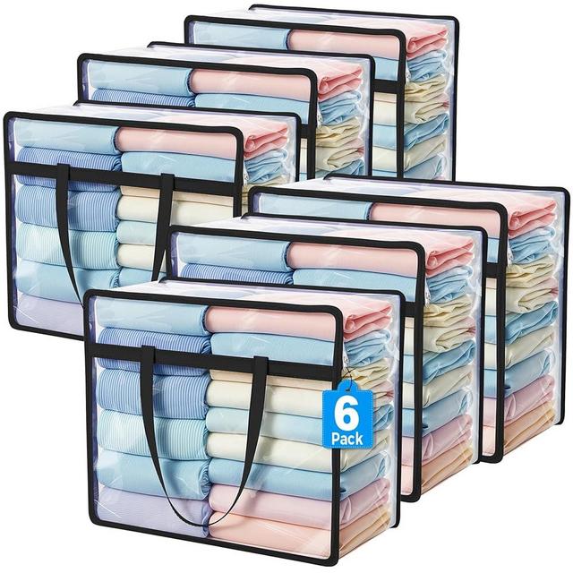 Budding Joy 6 Pack Clear Zippered Storage Bags for Clothes,40L Closet Organizers and Storage Containers Vinyl Moving Bag for Bedding, Linen, Blankets, Comforters, Clothing & Toys, Black