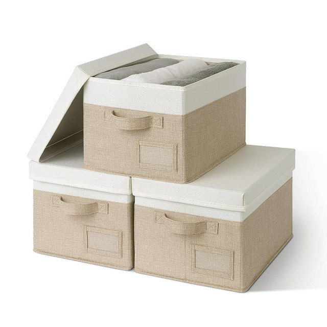 GRANNY SAYS Linen Storage Bins with Lids, Decorative Boxes for Organizing - 3-Pack, Khaki & Ivory