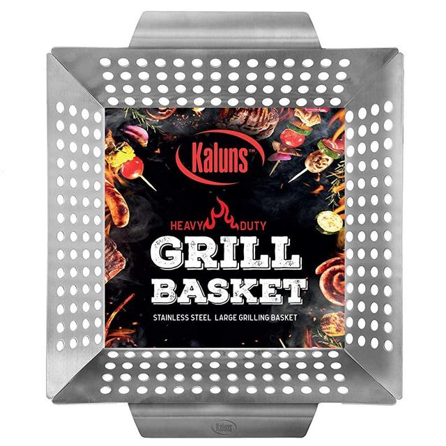 Kaluns Grill Basket - Best Grilling Basket for Vegetables and Shrimp - Heavy-Duty Stainless Steel Material - Perfect Size Fits Most Grills - Great for BBQ or Oven Use BBQ Accessories
