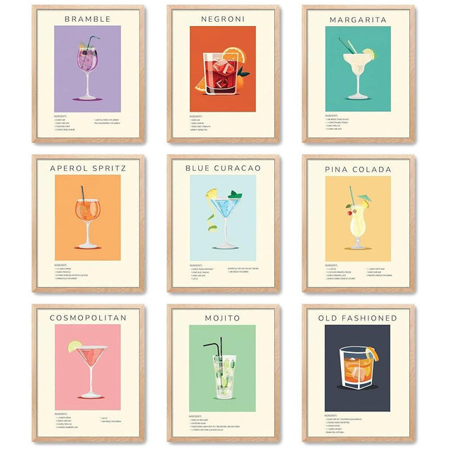 LANCHI95 9 Pcs 8x10in Vintage Cocktail Poster - Retro Cocktail Wall Art, Funky Drink Aesthetic Pictures, Bar Cart Accessories and Decor,Colorful Preppy Bar Art Prints for College (UNFRAMED)