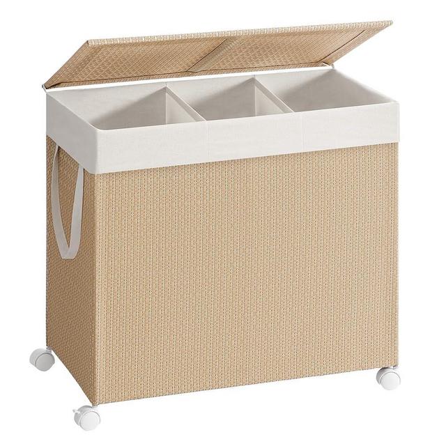 SONGMICS HOME Laundry Hamper with 3 Section, Large 140 L Rolling Laundry Basket with Wheels, Rattan Clothes Basket with Lid, Removable Liner with Handles, Natural Beige and Matte White ULCB602N01