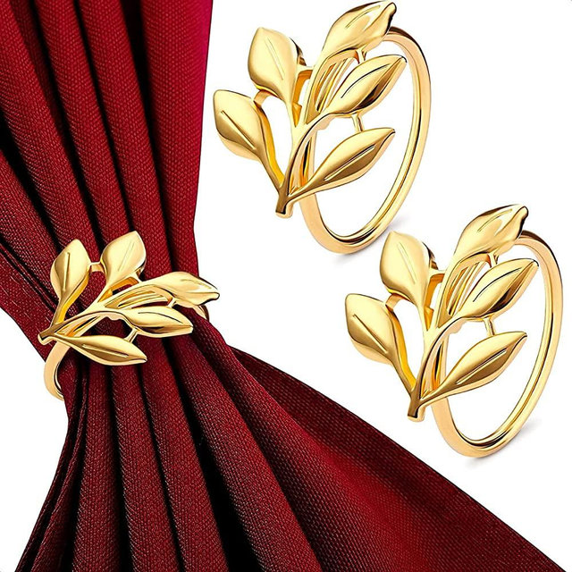 Gold Napkin Rings Set of 12 - Gold Napkin Holder for Birthday Decorations, Wedding Napkins Ring, Easter Napkin Rings - Fall Leaf Napkin Rings Gold Dinner Napkins Rings Metal Holders for Cloth Napkins