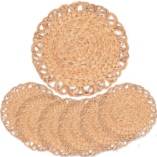 Flower Boho Placemats Set of 6, Round Placemats for Dining Table Set of 6, Water Hyacinth Wicker Placemats, Straw Placemats, Round Woven Placemats Set of 6, Natural Placemats 13.4 in