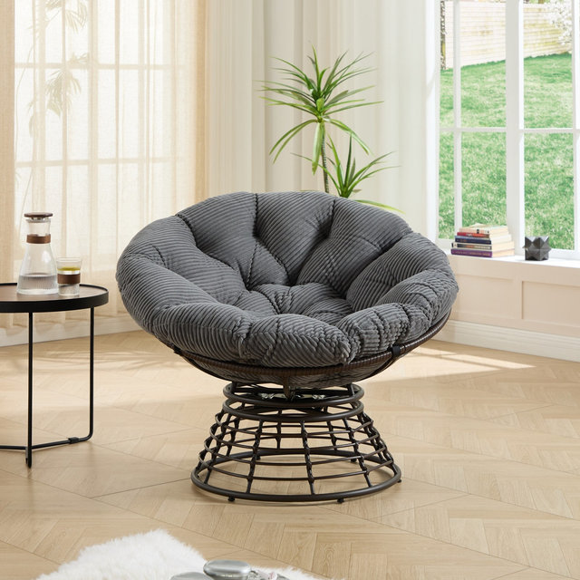 GDFStudio Rina Modern 360° Swivel Rattan Papasan Chair with Soft Thick Cushion, Gray