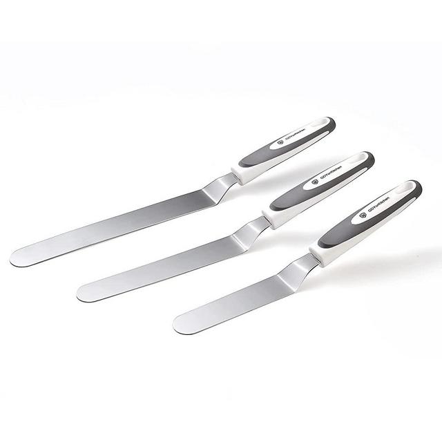 Angled Icing Spatula Set (3 PCS Set - Gray) - Stainless Steel Cake Spatula Set with Comfortable Handle, Angled Offset Spatula, Decorating Frosting Spatula Set of 3 for Cake Baking (6", 8", 10" Blade)