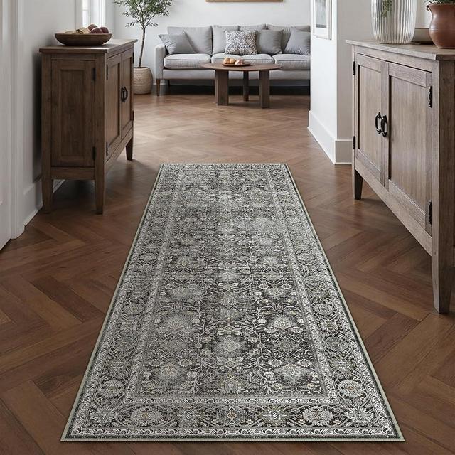 PureCozy Black Runner Rug 2x5 Vintage Area Carpet Hallway Indoor Kitchen Washable Living Room Low Pile Traditional Distressed Retro Accent Throw Rug Non Slip for Laundry Bathroom Office Dining Room