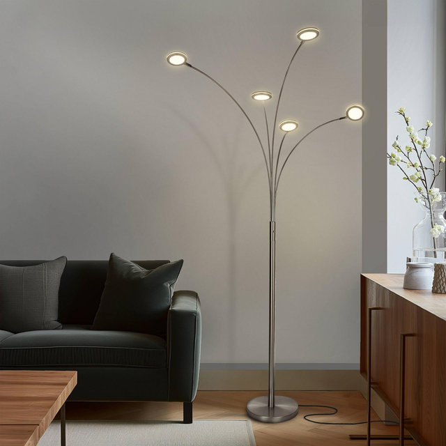 Brightech Orion 5 Modern Integrated LED Swing Arm Arc Floor Lamp Brushed Nickel: 6ft Tall