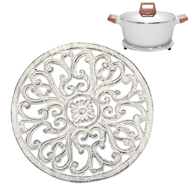 Sumnacon Cast Iron Trivet 6.7 Inch Iron Trivet for Hot Dish Pot Pan Plate Teapot,Heat Resistant Cast Iron Trivet for Kitchen Dining Table Cooktop Stove,Retro White Round Trivet with Rubber Feets