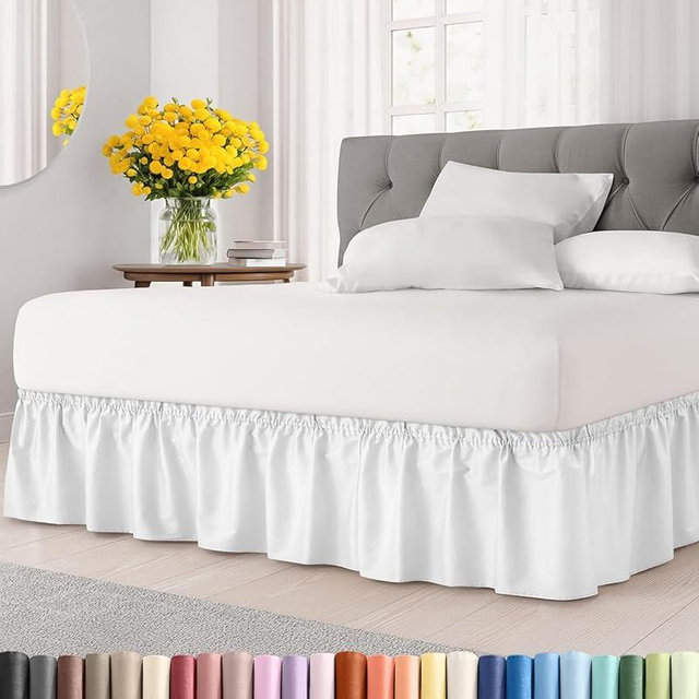 Wrap Around Dust Ruffle Bed Skirt - White - Twin/Twin XL Size Beds with 12 Inch Drop - Easy Fit Elastic Strap - Adjustable Pleated Bedskirt w/Brushed Fabric - Wrinkle Free - Women, Men, Kids & Teens