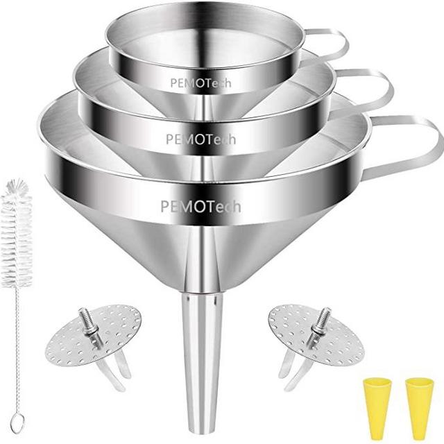 Funnels (6 in 1),PEMOTech Large Stainless Steel Funnel Set 3 Pack (4.1Inch/ 5.0 Inch/ 5.7 Inch) with 2 Pack Removable Strainer for Transferring Liquid, Fluid and Dry Ingredients,Bonus A Cleaning Brush