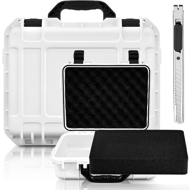 Relaxweex 1 Pcs Waterproof Hard Case with DIY Customizable Foam Insert Portable Protective Case with Knife for Camera Drones Equipments Tools Test Instruments(White,16.3 x 12.4 x 6.5 Inch)
