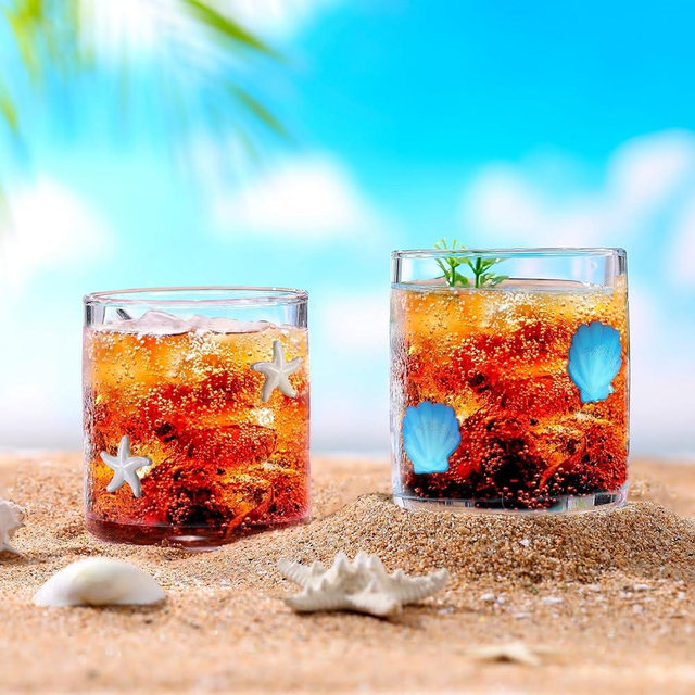Singhoow 2 Pcs 14 oz Icon Juice Glasses Starfish Seashell Glass Cups Drinking Ocean Stemless Wine Glasses Old Fashioned Icon Hand Blown Cocktail Cups Gifts for Summer Home Decor Gifts
