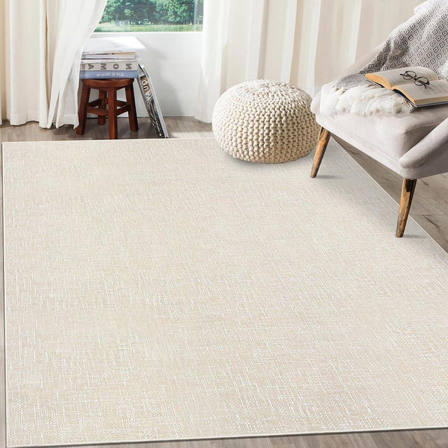 RUGSREAL Area Rug 5x7 Machine Washable Area Rug for Living Room Non-Slip Stain Resistant Modern Abstract Rug Contemporary Solid Throw Rug Foldable Accent Floor Carpet for Dining Room, Cream