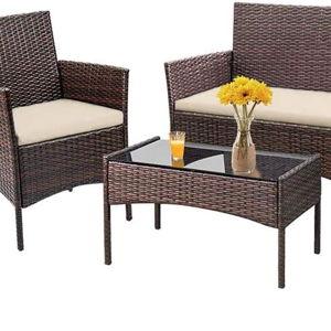 FDW Rattan Furniture Brown Wicker Chair Patio Bristo Set for Outdoor Indoor Use with Loveseats Coffee Table,Khaki Cushion, 4-Pieces