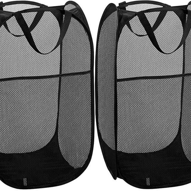 Mesh Popup Laundry Hamper - Portable, Durable Handles, Collapsible for Storage and Easy to Open. Folding Pop-Up Clothes Hampers are Great for The Kids Room, College Dorm or Travel. (Black | Set of 2)