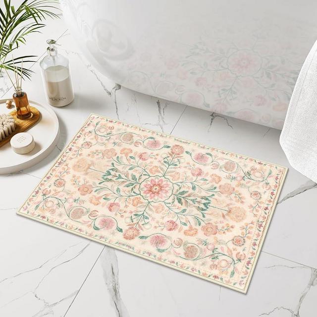 Uphome Boho Bath Mat Beige Floral Small Bathroom Rugs Ultra Soft Non-Slip Vintage Bath Mats Machine Washable Farmhouse Floral Bath Rugs for Bathroom Toilet Sink Tub, 18x26 inch