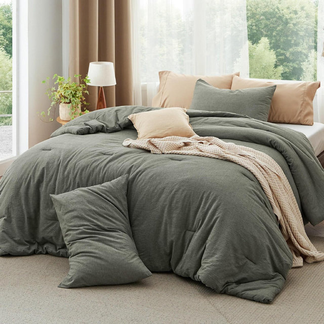 Cotton Fabric with Microfiber Inner Fill 3 Pcs Queen Size Comforter Set for All Seasons Grayish Olive Green - Bedsure