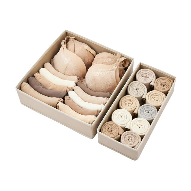 ERDHBBO Underwear Drawer Organizer 2 Pack - Foldable Fabric Storage Bins for Dresser & Closet, Khaki Sock and Bra Dividers, 2 Sizes for Bedroom Organization