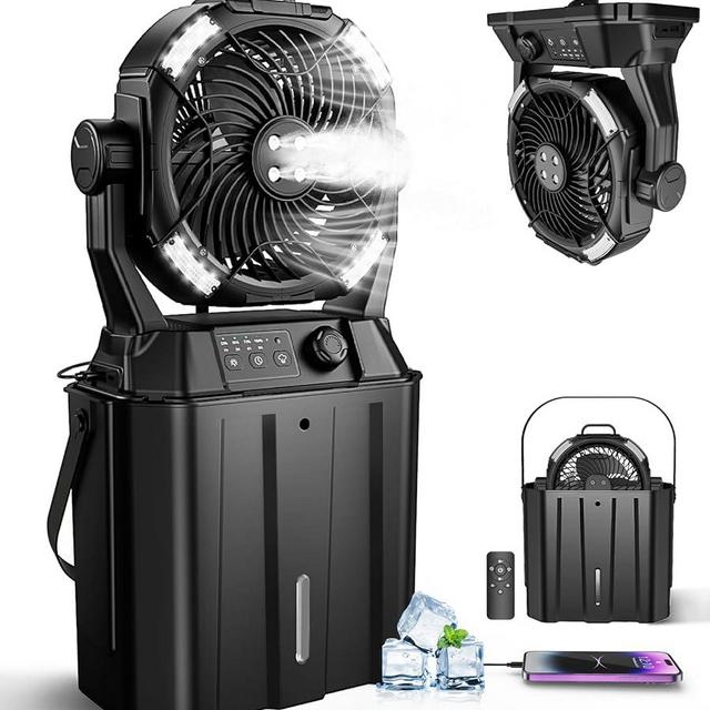 Misting Fan Portable for Outside, Camping Mister Cooling Fan for Outdoors Patios, Rechargeable Battery Operated Mist fans, 4 Spray Outlets, 3 Lights Modes, 4 Timer for Fishing/Golf/Garden/Party/Beach