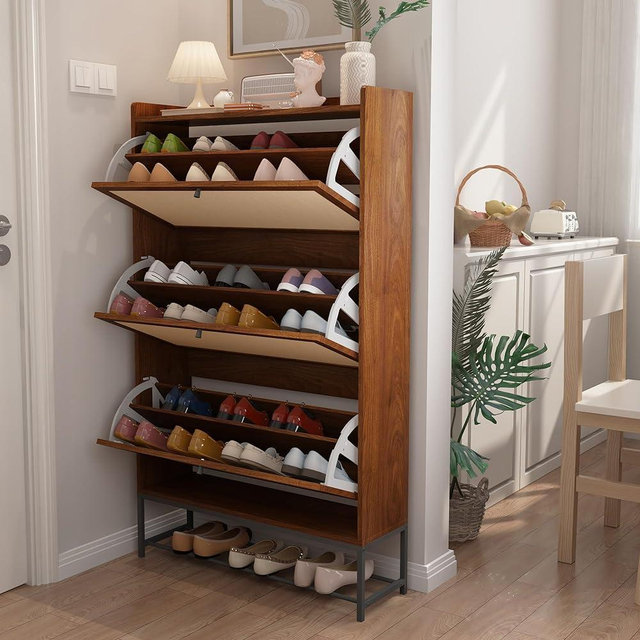 AVZEAR Shoe Cabinet, Shoe Cabinet Freestanding Tipping Bucket Shoe Rack Organizer with 3 Flip Drawers, Modern Entryway Narrow Shoe Rack for Entryway, Hallway, Bedroom (Walnut)