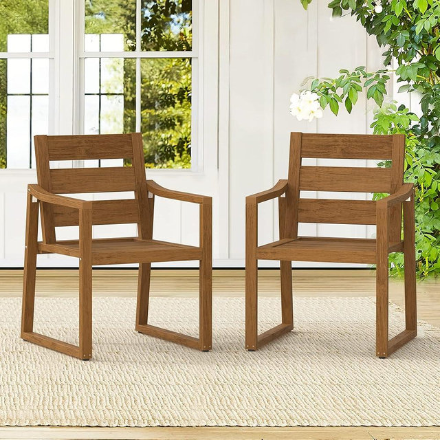 Cozyman HDPS Outdoor Dining Chairs Set of 2, 350LBS, Patio Dining Chairs with Armrest, All Weather Outdoor Kitchen Chairs with Square Frame Legs for Outdoor Indoor, Backyard, Teak Color-Oil Printed