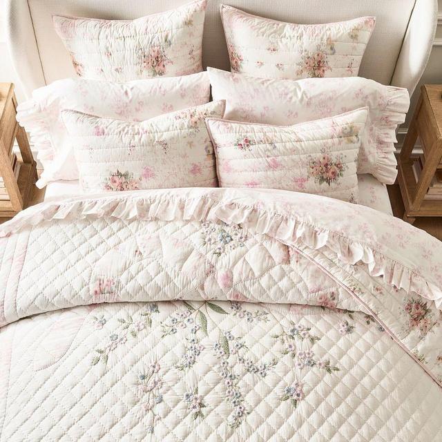 LoveShackFancy Floral Bow Patchwork Embroidered Quilt, Multi, Full/Queen