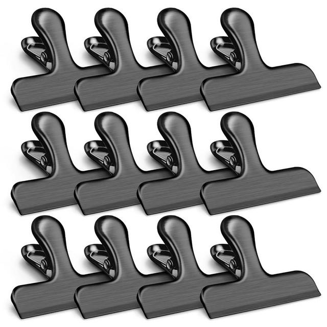 VNDUEEY 12 Pack Stainless Steel Chip Bag Clips, Chip Clips for Food Bags, Heavy Duty Metal Clips for Kitchen and Office to Seal Coffee Bags, Paper Sheets, Air Tight Seal-3 Inches, Black