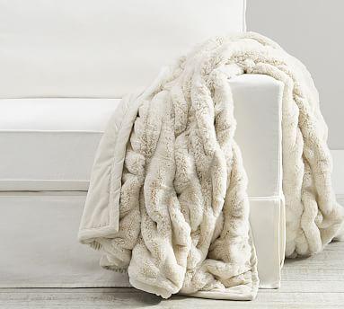 Faux Fur Ruched Throw, 50 x 60", Ivory