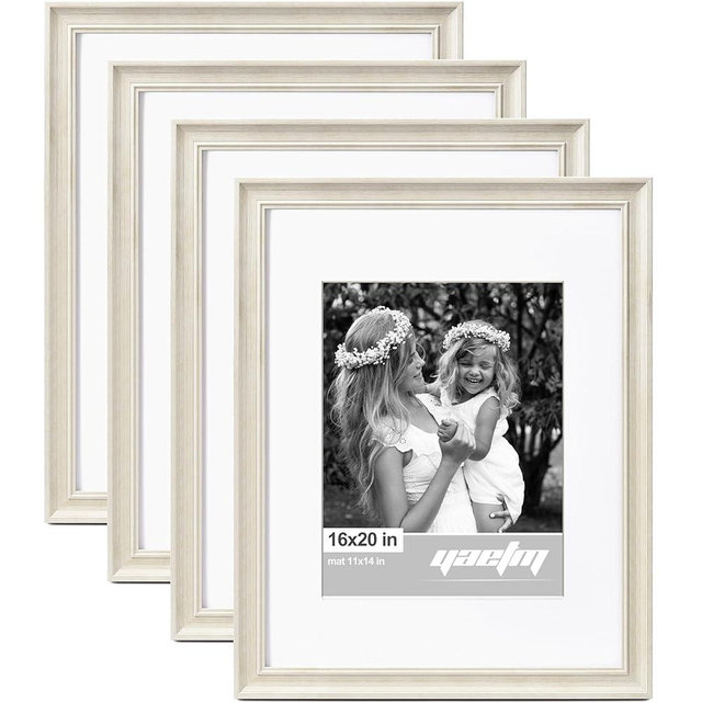 Yaetm 16x20 Picture Frame Matted to 11x14 Set of 4, 1.4" Wide Molding & Rustic White 16x20 Frames for Wall Gallery, Wall Mounting (4 pack, White)