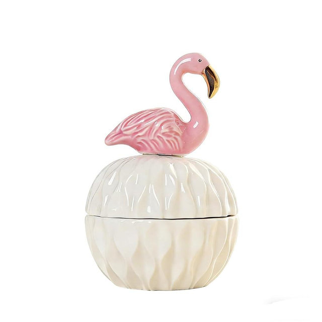 Flamingo Ceramic Jewelry Box, White Round Trinket Box with Pink Flamingo Lid for Rings Earrings, Cute Vanity Organizer for Women, Small Keepsake Box for Birthday Wedding Bridesmaid Presents