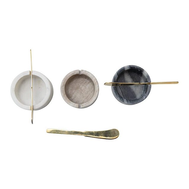 Creative Co-Op Marble Pinch Bowls for Salt and Pepper with 3 Metal Knives, Set of 3 Serveware, Multicolored