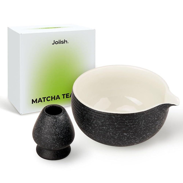 Joiish Matcha Bowl with Spout, Ceramic Matcha Bowl and Whisk Holder Set, Matcha Mixing Bowl for Whisking Matcha, Charcoal Grey (18 Ounce)