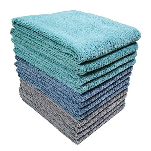 Polyte Premium Microfiber All-Purpose Ribbed Terry Kitchen Towel (Blue, Gray, Teal, 16x28) 12 Pack