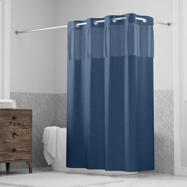 Hookless It’s A Snap! Waffle Shower Curtain, 3-in-1 Curtain Includes Fabric Shower Curtain with Sheer Top Window, Flex-On Rings & Fabric Liner with Magnets, 71” x 74”, Navy