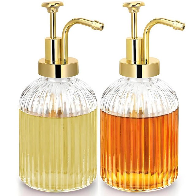 TIWPAJS Glass Coffee Syrup Dispenser 10oz, Syrup Bottles with Ribbed Design, Gold Syrup Pump, Coffee Bar Accessories, Honey Dispenser (2)