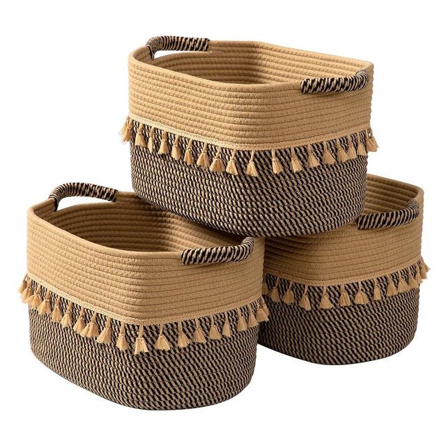 TeoKJ Set of 3 Baskets for Organizing, Decorative Rope Baskets for Storage, Storage for Pets, books, Pillows, Toys & Cloths, Black & Jute