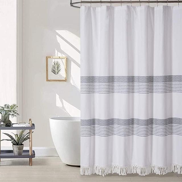Artisyne Modern White Farmhouse Shower Curtain with Tassels，Simple Grey Stripe in White Cloth Fabric，Luxury 100% Cotton Shower Curtain Bathroom Decor,72" x 72"（Grey in White）