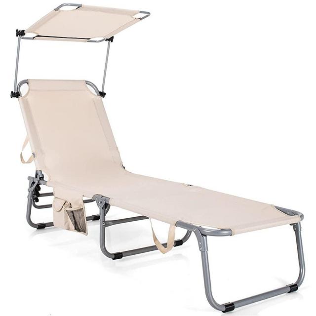 Goplus Lounge Chaise Chair, Foldable 5-Position Adjustable Tanning Sun Bating Chair w/ 360°Canopy & Side Pocket, Outdoor Beach Recliner for Garden Yard Pool Side (1, Beige)