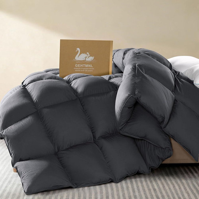 Gehtmnl Goose Down Fiber Comforter California King Size – All Season Naturally Breathable Down Comforters, Luxury Hotel Collection Duvet Insert 8 Corner Tabs, Cotton Fabric Baffle Box Dark Gray 70oz